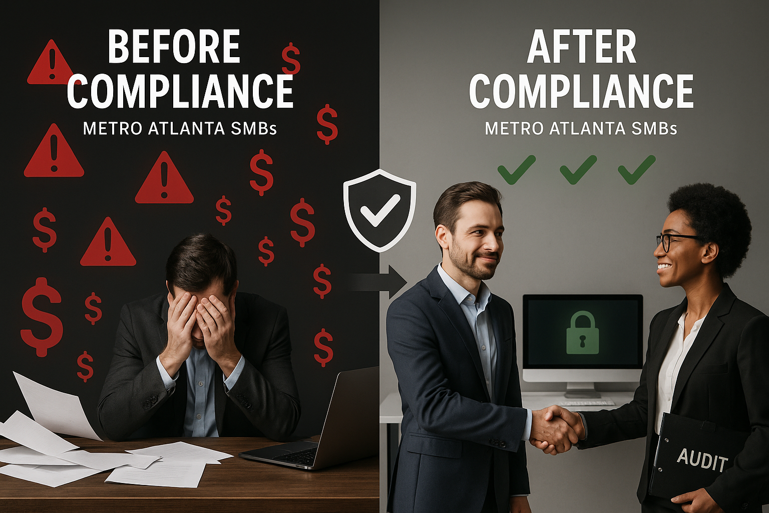 Split-screen comparison chart showing 'Before Compliance' vs 'After Compliance' scenarios for Metro Atlanta SMBs. Left side displays chaotic