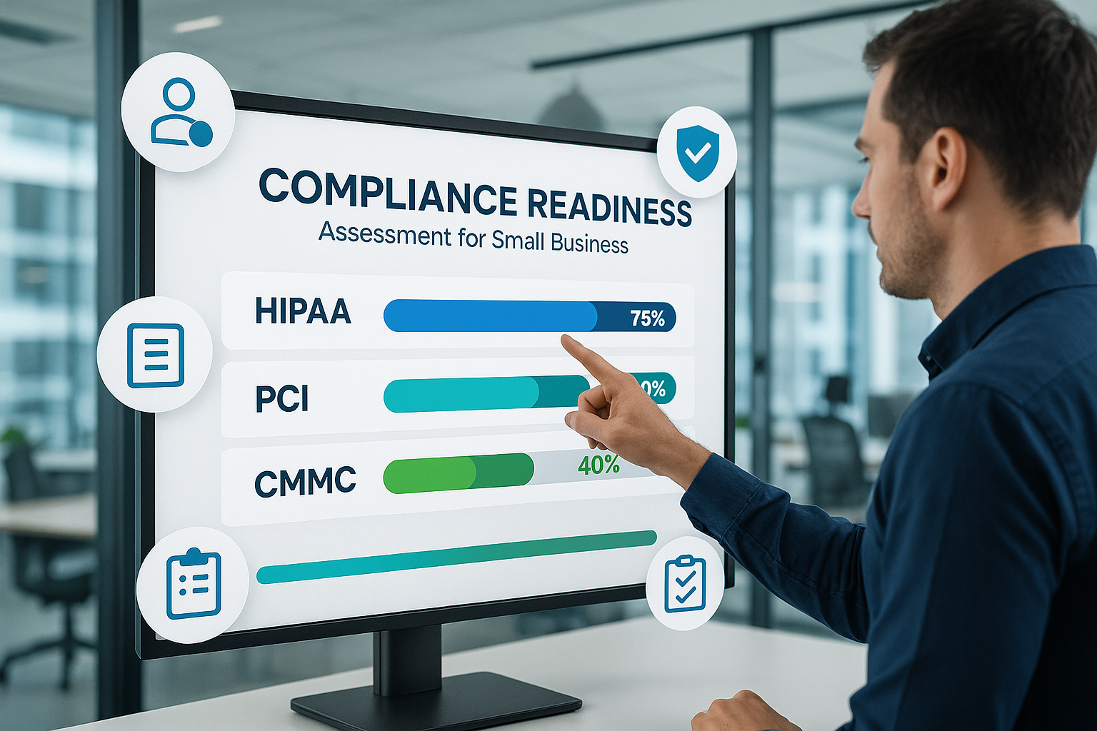 Interactive dashboard mockup displaying compliance readiness assessment for small business. Screen shows progress bars for HIPAA (75% comple