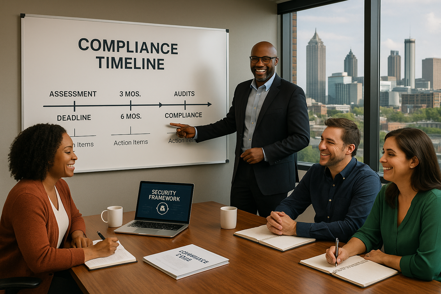 Professional consultation scene in modern Atlanta conference room with IT compliance expert presenting to diverse group of small business ow