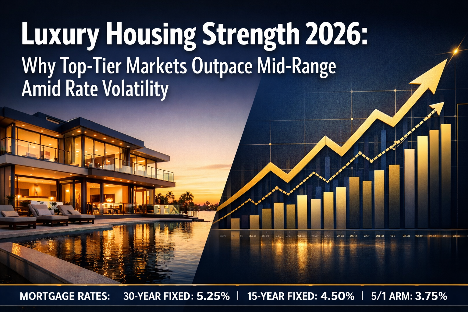 Professional landscape format (1536x1024) magazine-style hero image featuring bold text overlay 'Luxury Housing Strength 2026: Why Top-Tier 