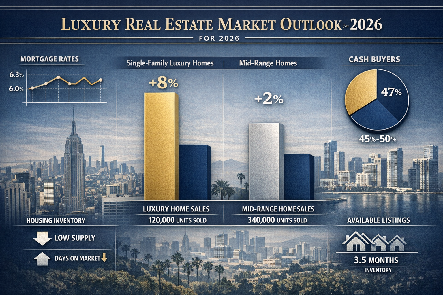 Detailed landscape format (1536x1024) editorial infographic showing luxury real estate market performance data for 2026. Central focus on co