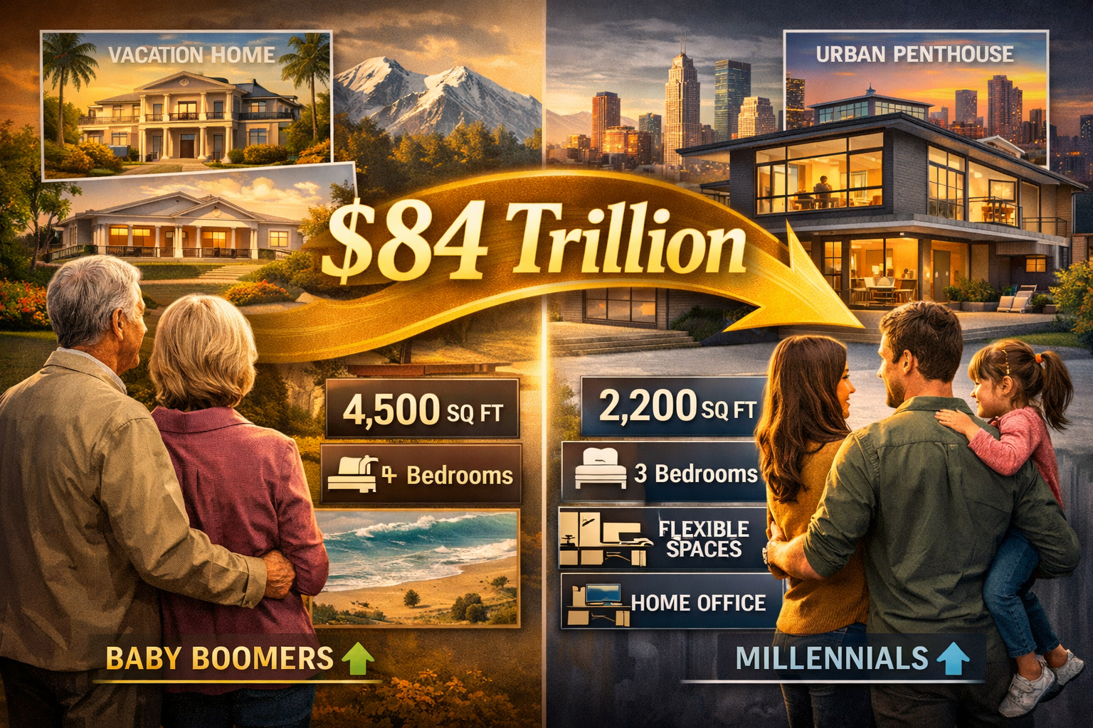 Detailed landscape format (1536x1024) conceptual illustration depicting generational wealth transfer in luxury real estate. Split-screen com