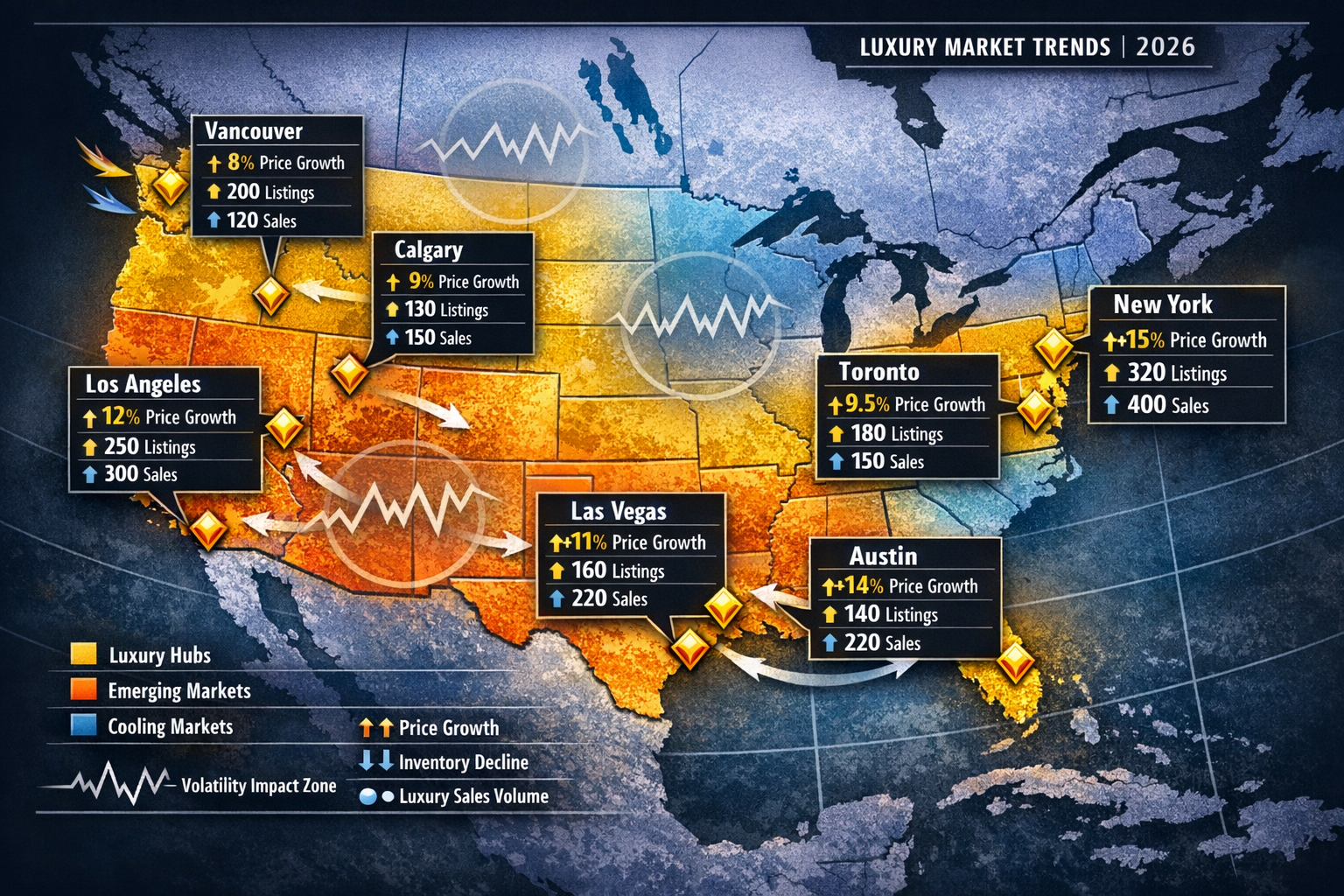 Detailed landscape format (1536x1024) premium real estate market map visualization showing geographic luxury market performance across North