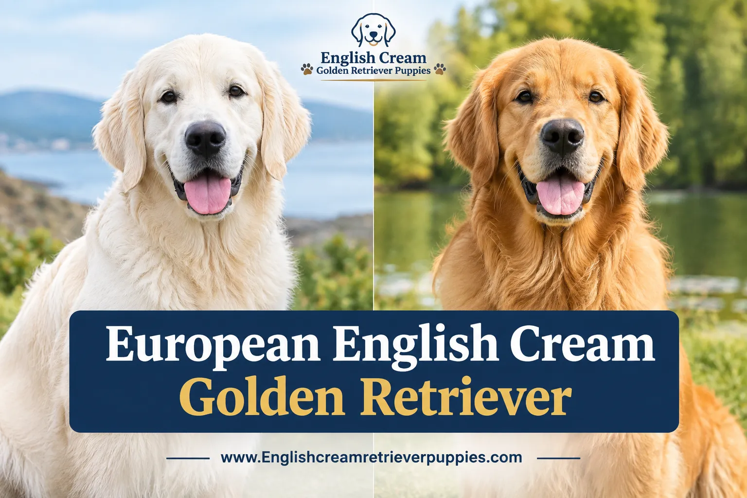 A reading "European English Cream Golden Retriever". CRITICAL TYPOGRAPHY RULES: render the text on 1–2 lines, centered, with