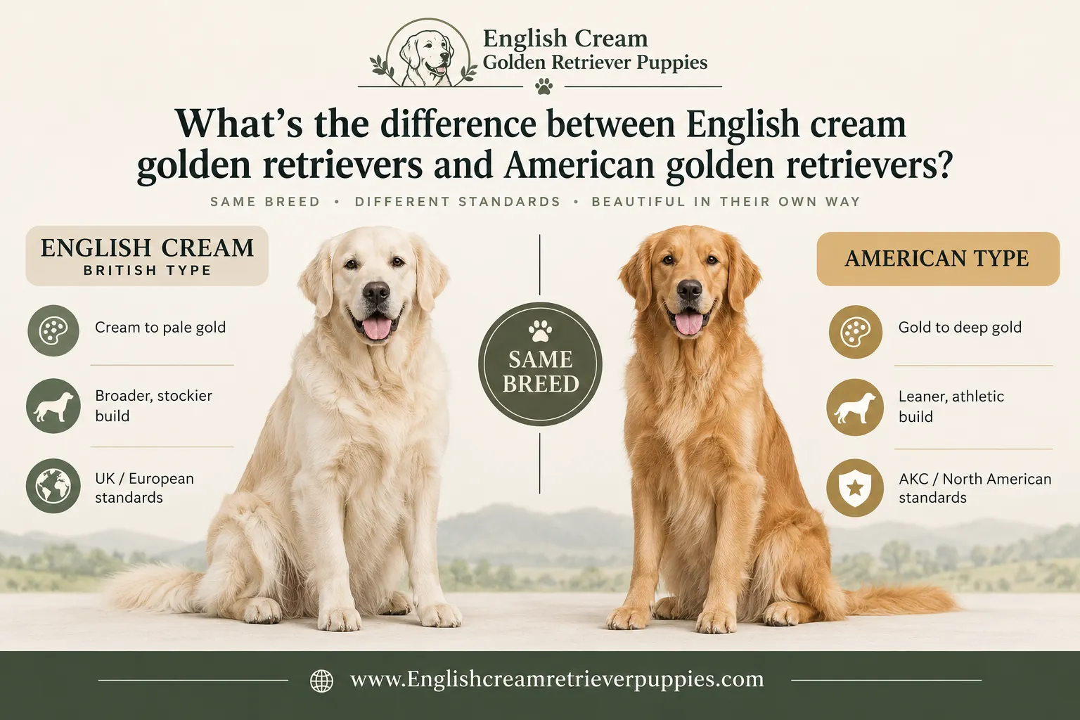 English cream golden retriever size and weight vs American