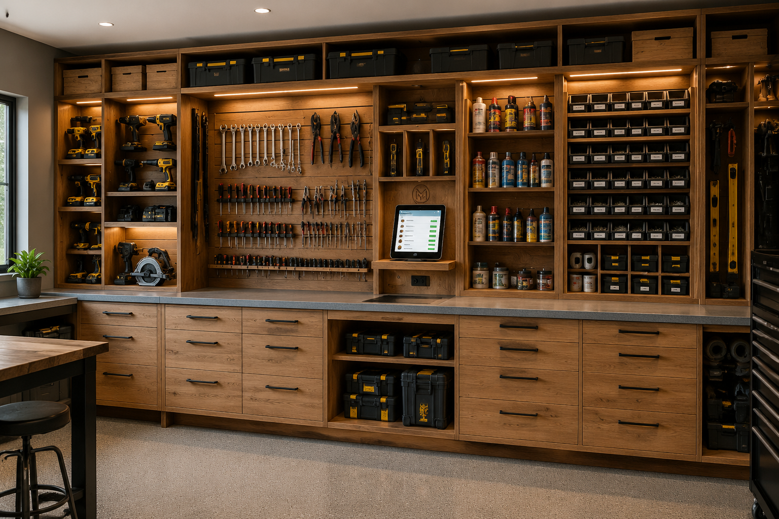 Detailed () image showing a meticulously organized modern garage workshop. The central focus is a custom-built wooden