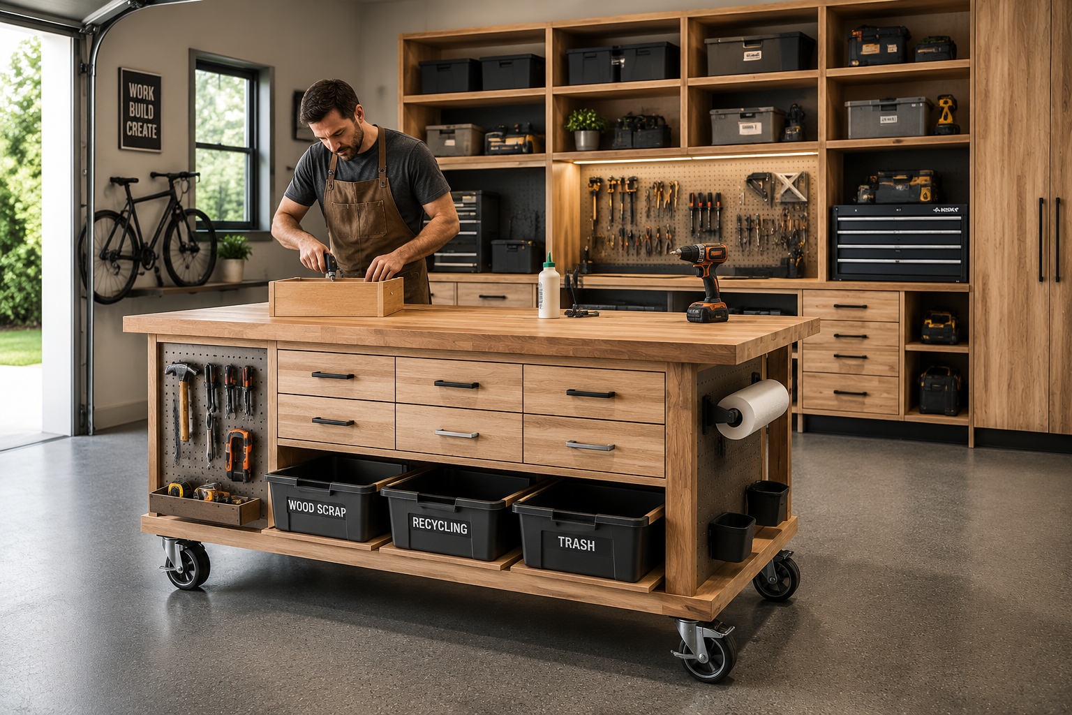 Detailed () image illustrating a versatile bespoke wooden mobile workbench on heavy-duty casters within a modern garage. The