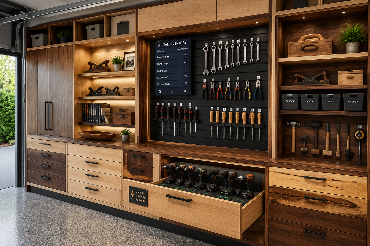 Detailed () image showcasing a comprehensive smart storage solution for a modern garage. The scene features a mix of bespoke