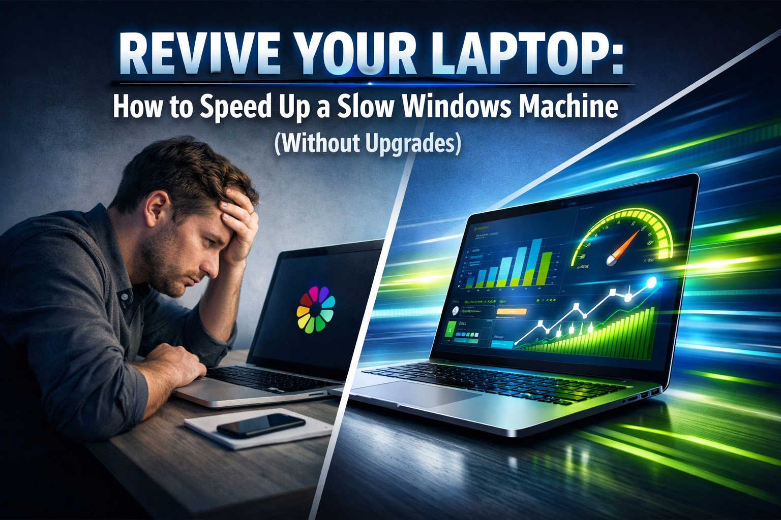 Professional landscape hero image (1536x1024) with bold text overlay: 'REVIVE YOUR LAPTOP: How to Speed Up a Slow Windows Machine (Without U