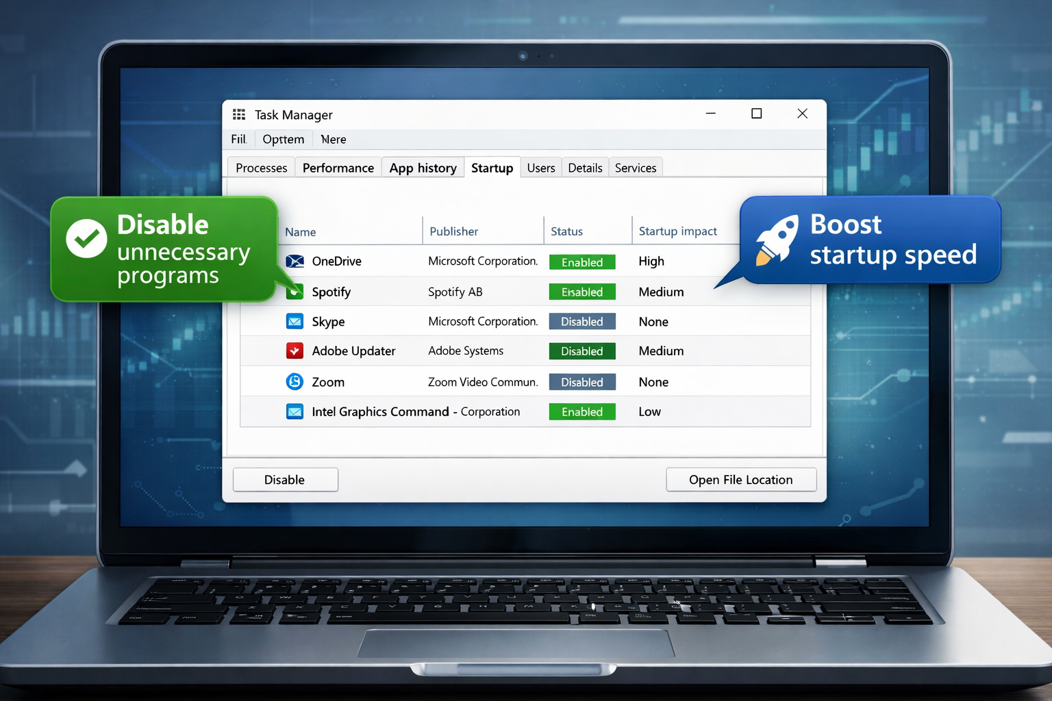 A detailed illustration showing a Windows laptop screen displaying the 'Task Manager' with the 'Startup' tab open, highlighting various appl