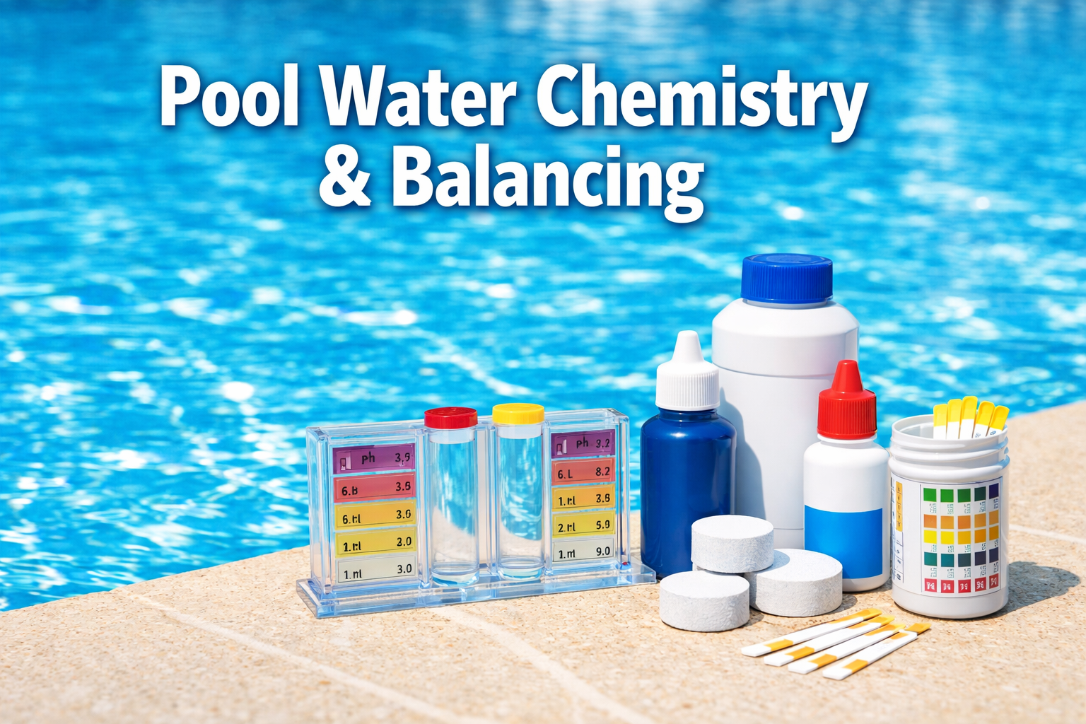 Professional landscape hero image (1536x1024) featuring bold text overlay 'Pool Water Chemistry & Balancing' in extra large 72pt white sans-