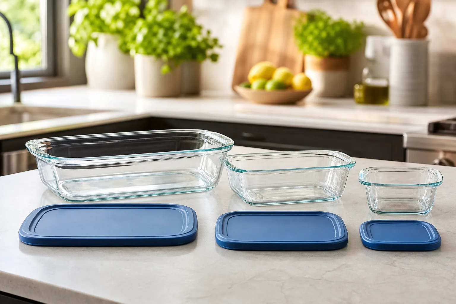 Editorial landscape format (1536x1024) photograph of a modern kitchen counter with a Pyrex Simply Store Glass set unpacked, showing three different sized glass baking dishes with blue plastic lids neatly arranged beside each other, bright natural daylight, shallow depth of field focusing on the largest dish, a blurred kitchen background with potted herbs, warm inviting tones, magazine quality product photography, no text overlay. What Is a Bakeware Glass Set with Lids Used For?