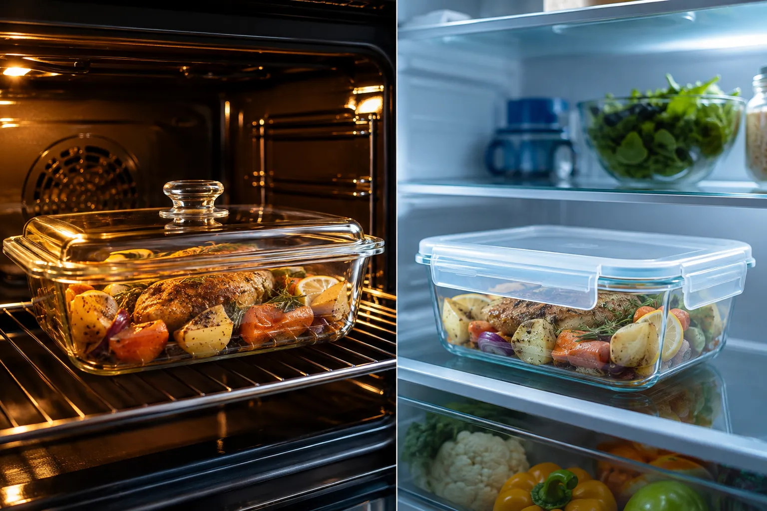 Split-screen editorial image: left half shows a glass baking dish with a glass lid in a warm oven with golden light, right half shows the same dish with a plastic snap lid in a refrigerator with cool blue lighting, high contrast comparison, clean studio setting, no text, professional food photography style, 1536x1024. How Much Does a Good Glass Bakeware Set with Lids Cost?