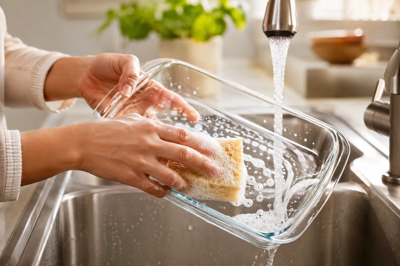 Close-up editorial photograph of a person's hands washing a clear glass baking dish with a sponge in a stainless steel sink, warm water running, soap bubbles, bright kitchen lighting, the glass dish catching light reflections, fresh and clean aesthetic, natural daylight, no text, magazine quality, 1536x1024. What Size Bakeware Glass Set with Lids Should I Get and Is Tempered Glass Better?