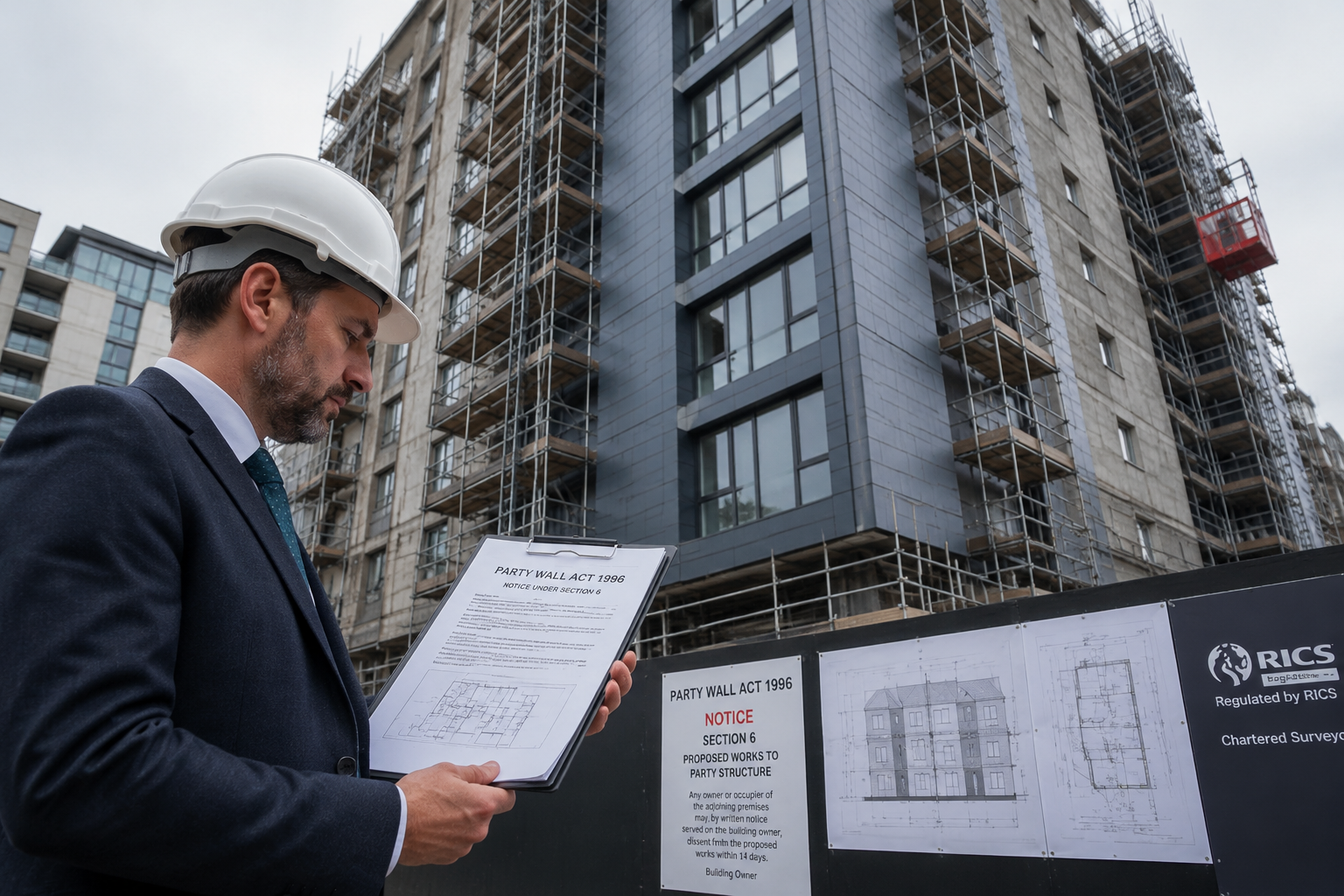 Wide-angle ground-level view of a chartered surveyor in a hard hat and suit examining party wall documentation on a