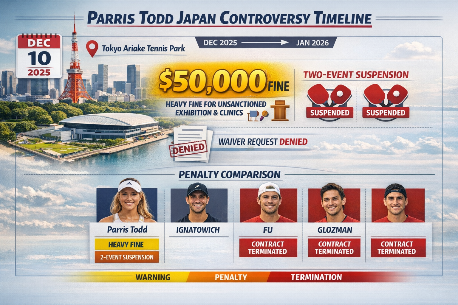 Detailed landscape format (1536x1024) infographic showing timeline of Parris Todd Japan event controversy from December 2025 to January 2026