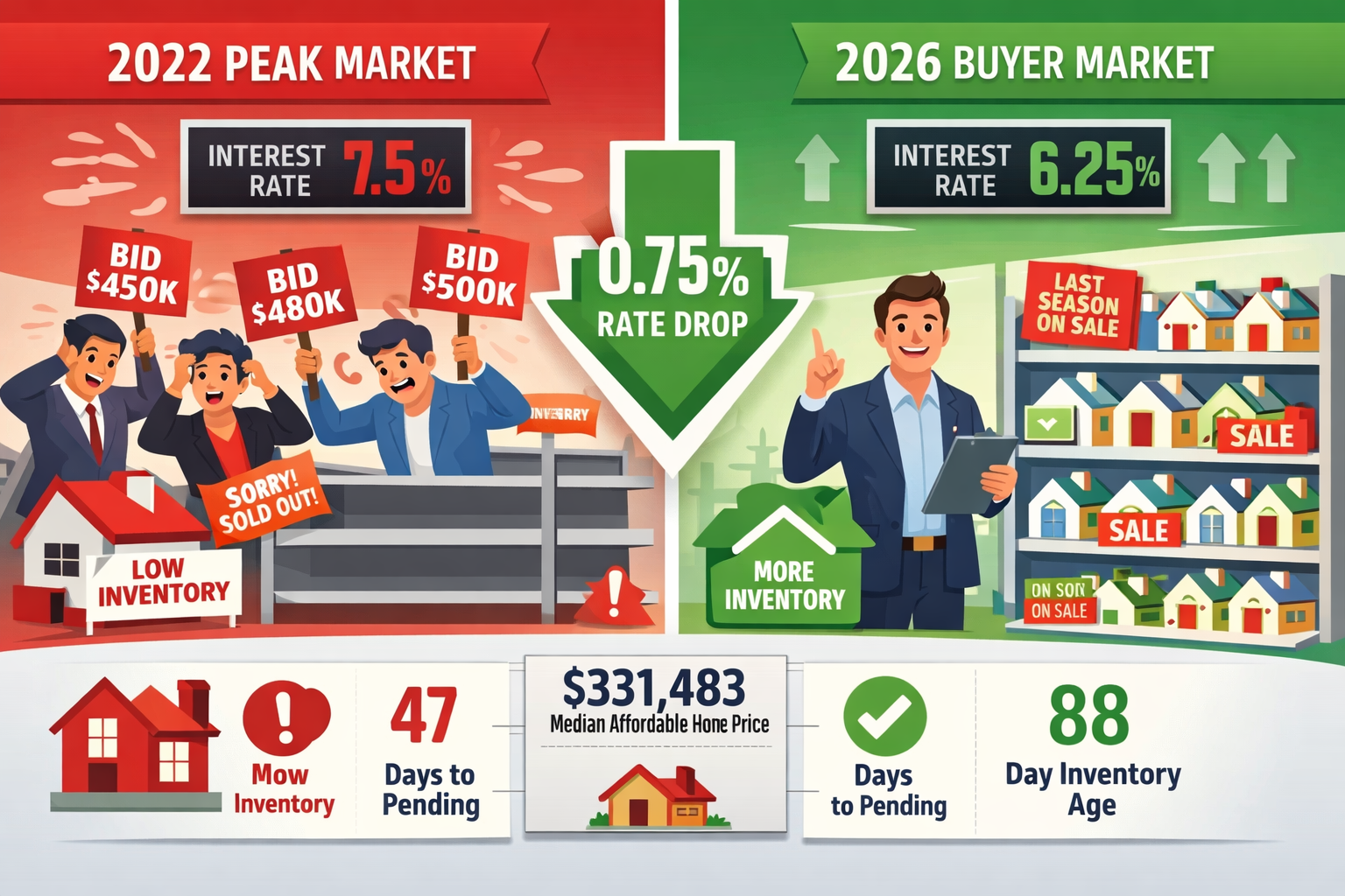 () split comparison visualization showing 'Buyer Power Then vs Now' concept. Left panel labeled '2022 Peak Market' shows
