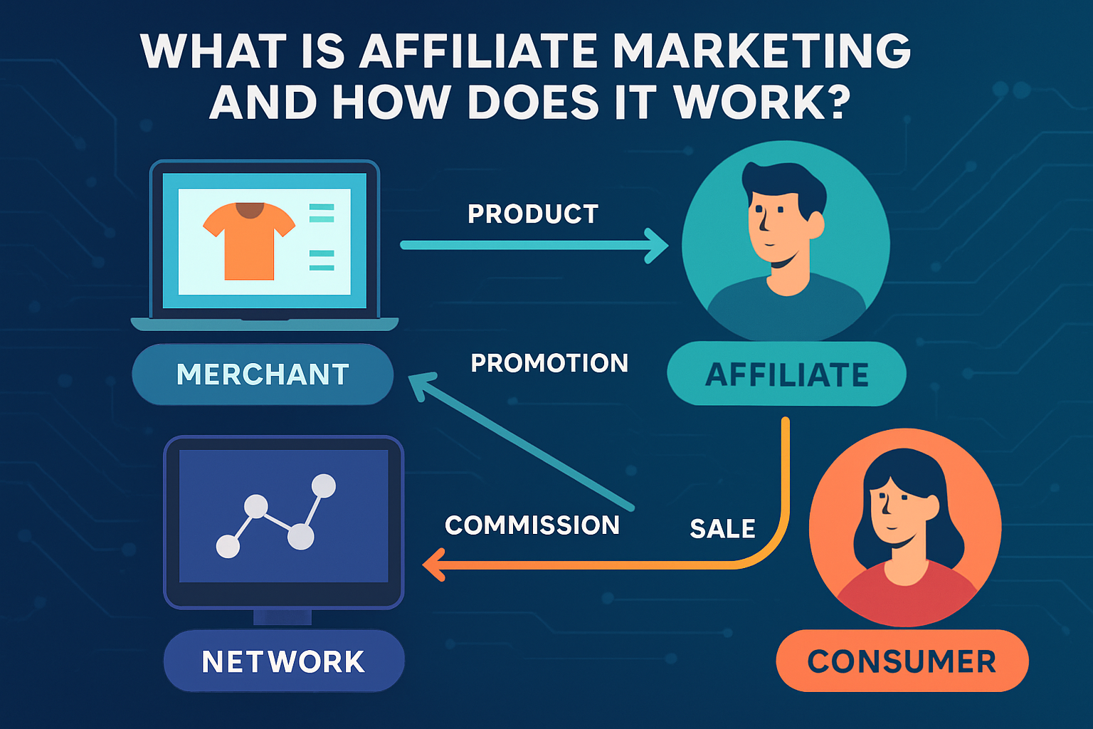 An intricate infographic illustrating the four core parties of affiliate marketing: merchant, affiliate, consumer, and network, showing the 
