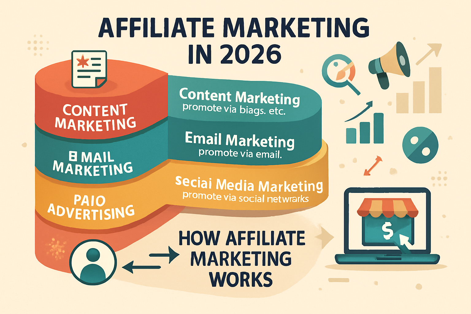 A dynamic visual representation of the various types of affiliate marketing in 2026, featuring a multi-layered diagram with sections for con