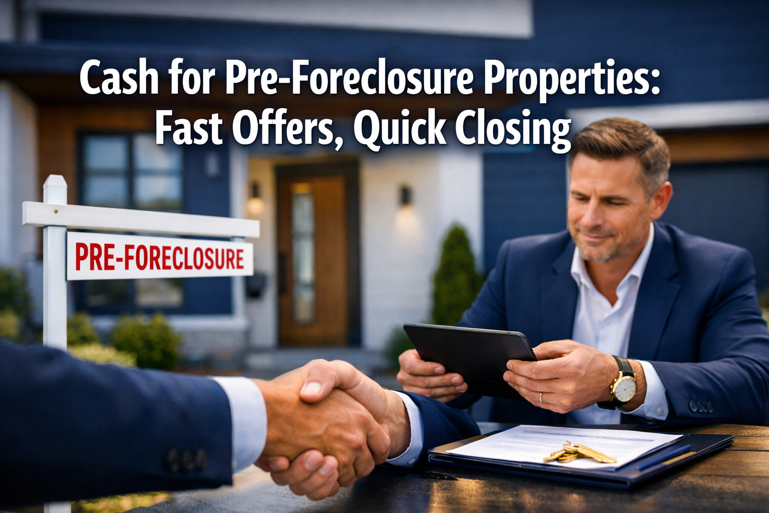 Professional landscape format (1536x1024) hero image featuring bold text overlay 'Cash for Pre-Foreclosure Properties: Fast Offers, Quick Cl