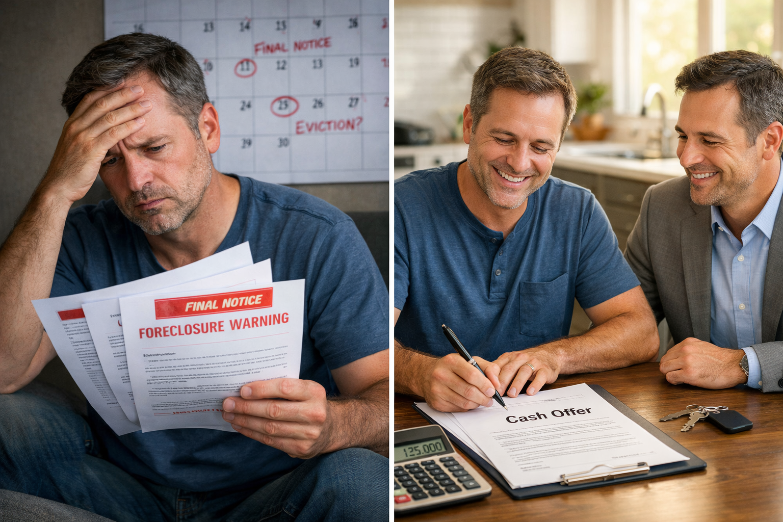 Detailed landscape format (1536x1024) image showing split-screen composition: left side displays worried homeowner holding past-due mortgage