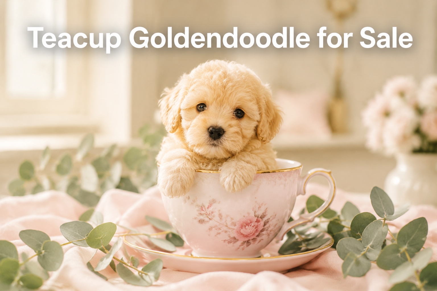 Professional () magazine-style hero image featuring a fluffy cream-colored teacup goldendoodle puppy sitting inside a