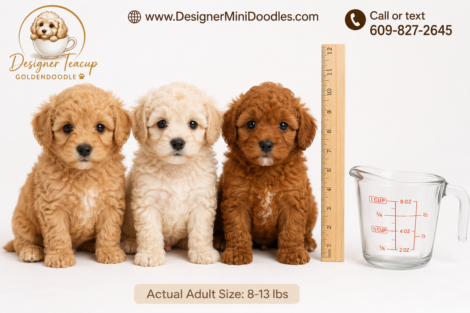 Detailed () image showing three teacup goldendoodle puppies of varying coat colors (apricot, cream, red) sitting side by