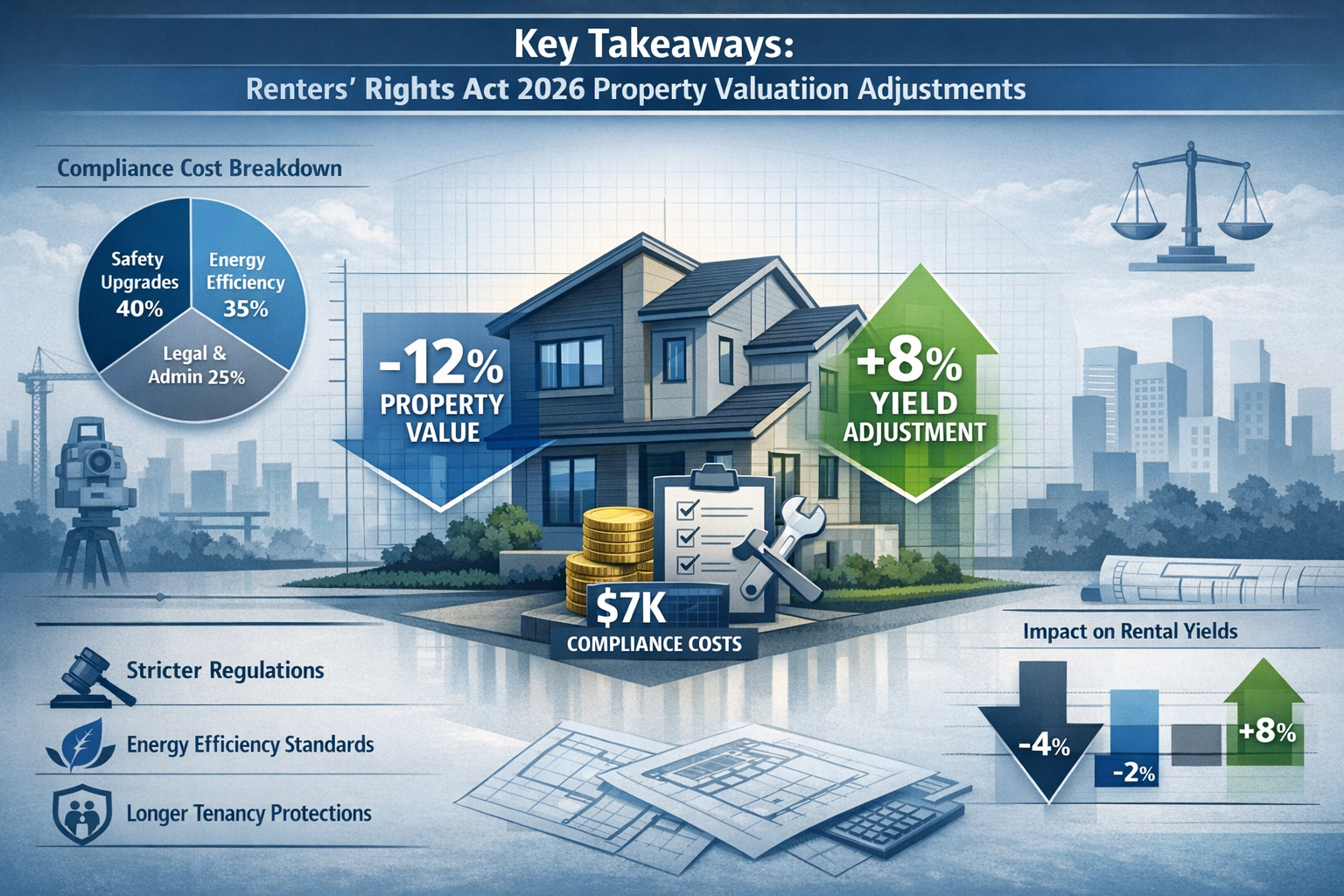 Landscape infographic visualizing 'Key Takeaways' for Renters' Rights Act 2026 property valuation adjustments. Central
