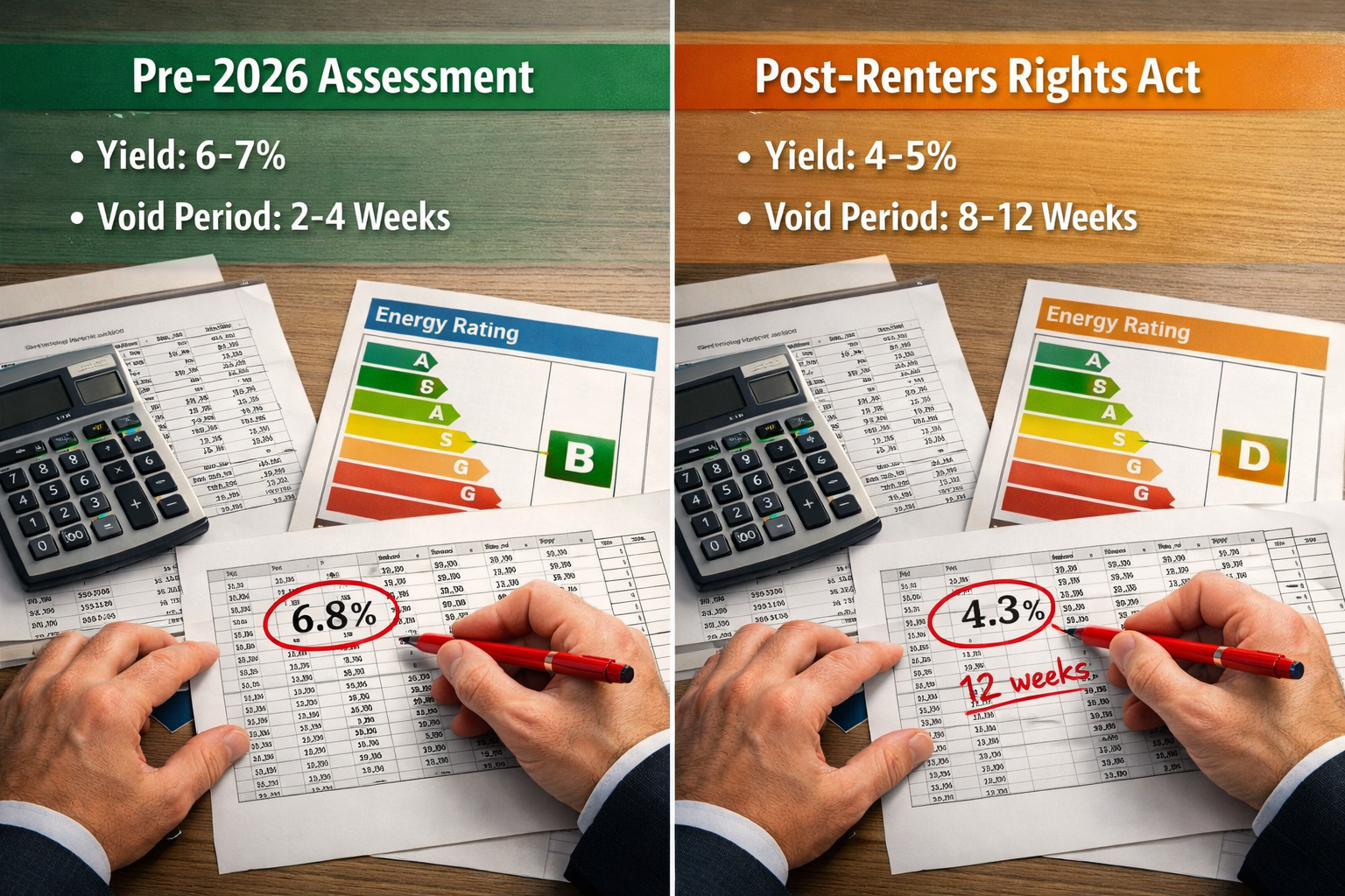() split-screen composition showing two BTL property valuations side-by-side: left side labeled 'Pre-2026 Assessment' with