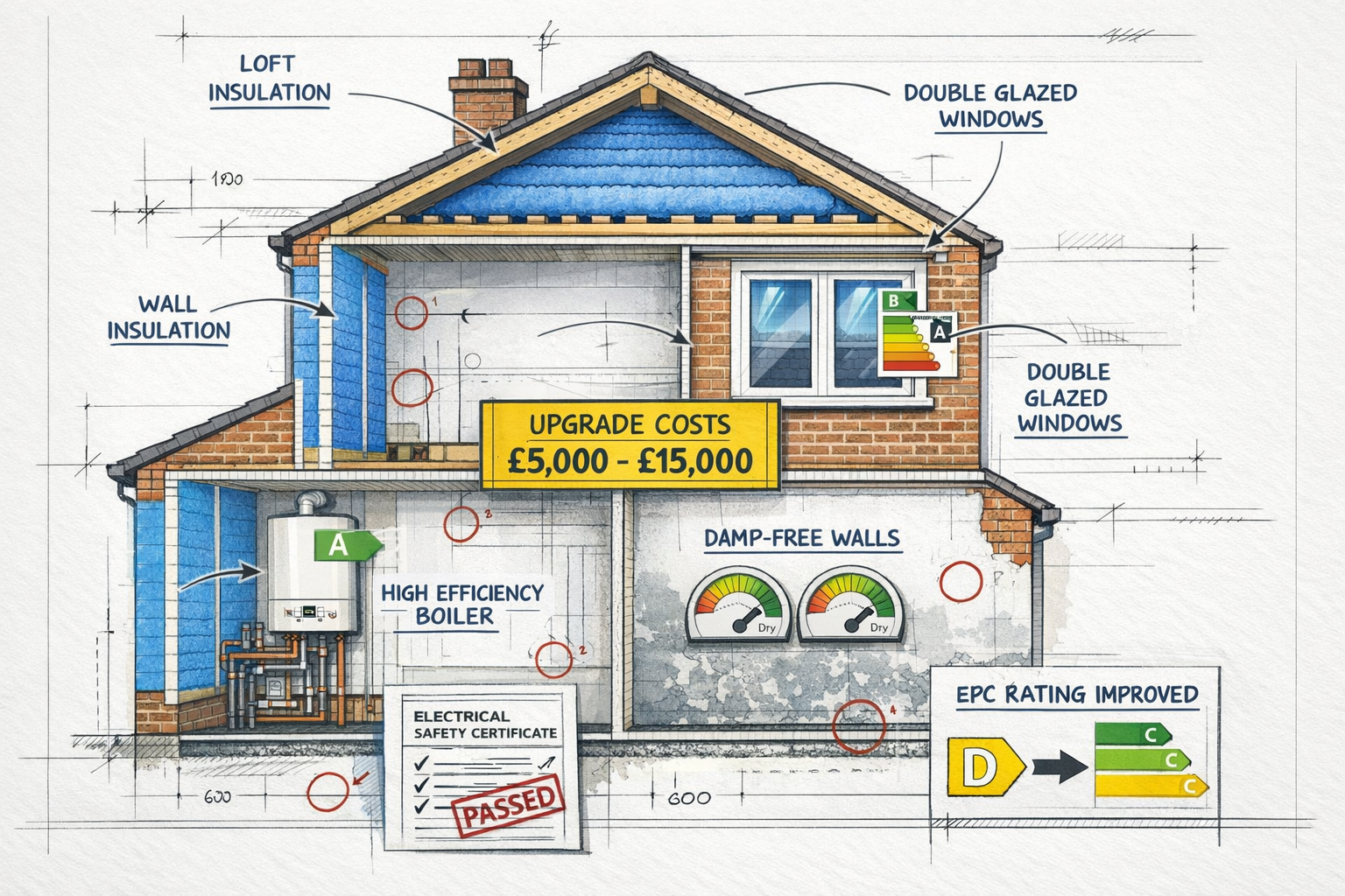 () cutaway architectural illustration of British rental property showing Decent Homes Standard compliance requirements: