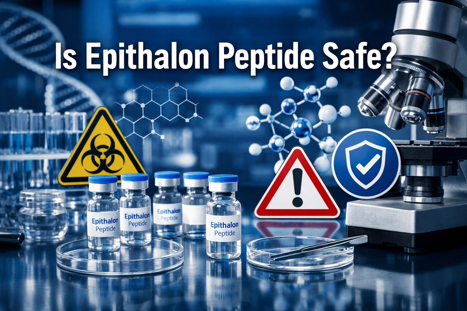 Professional landscape format (1536x1024) hero image with bold text overlay 'Is Epithalon Peptide Safe?' in extra large 72pt white sans-seri