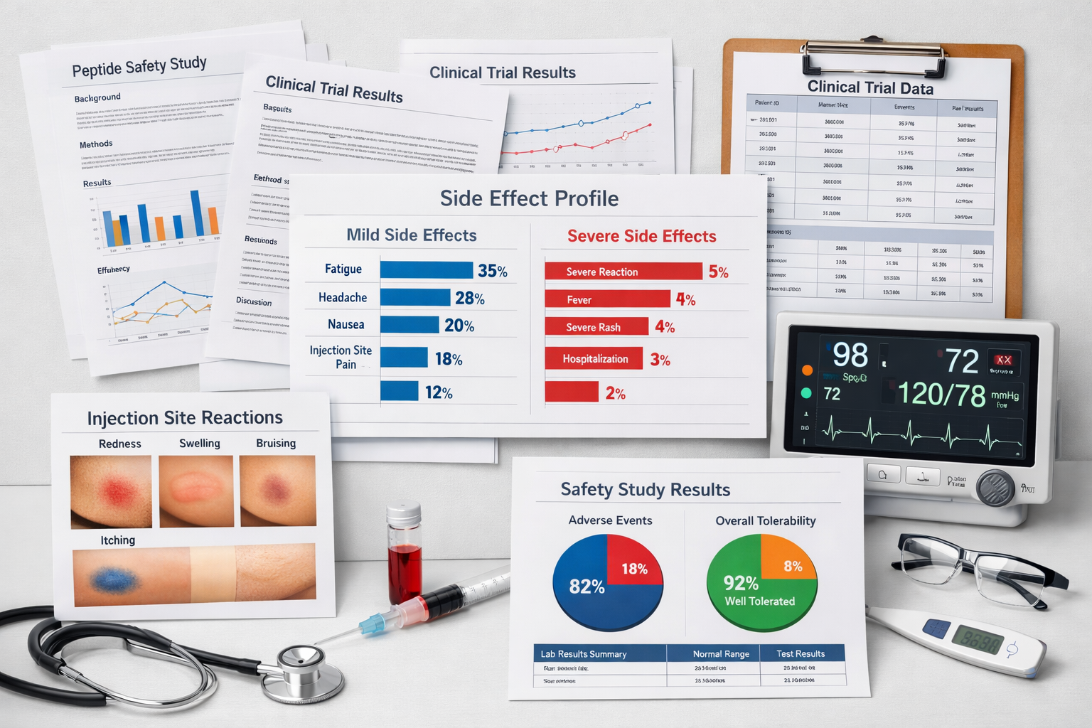 Landscape format (1536x1024) image displaying scientific research papers, clinical trial data sheets, safety profile charts comparing mild v