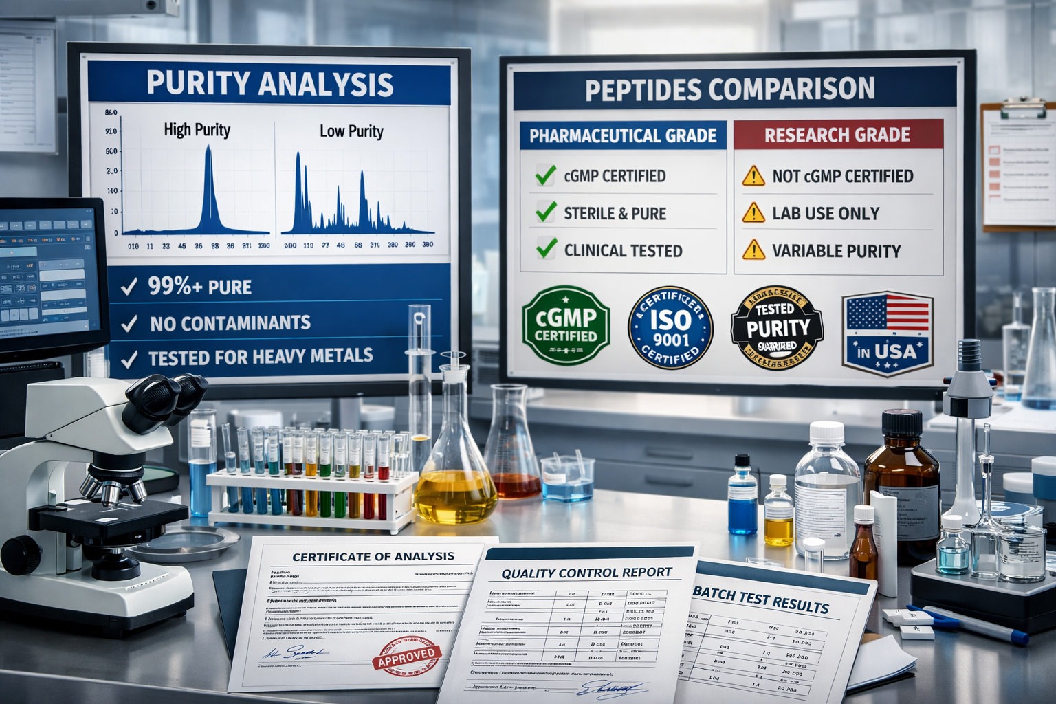 Landscape format (1536x1024) image featuring quality control laboratory with testing equipment, purity analysis charts, pharmaceutical-grade