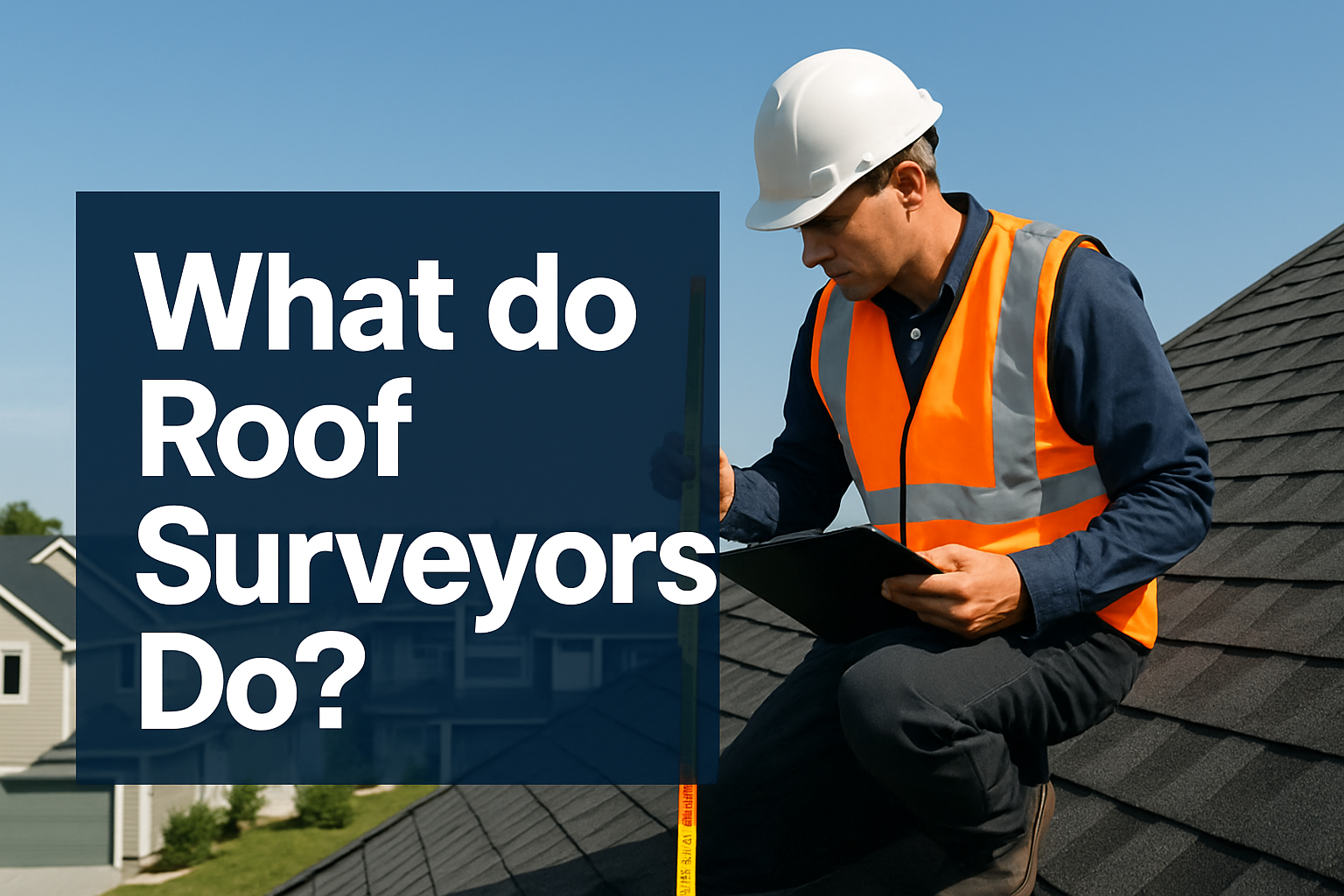 Professional landscape hero image (1536x1024) featuring bold text overlay 'What do Roof Surveyors Do?' in extra large 72pt white sans-serif 