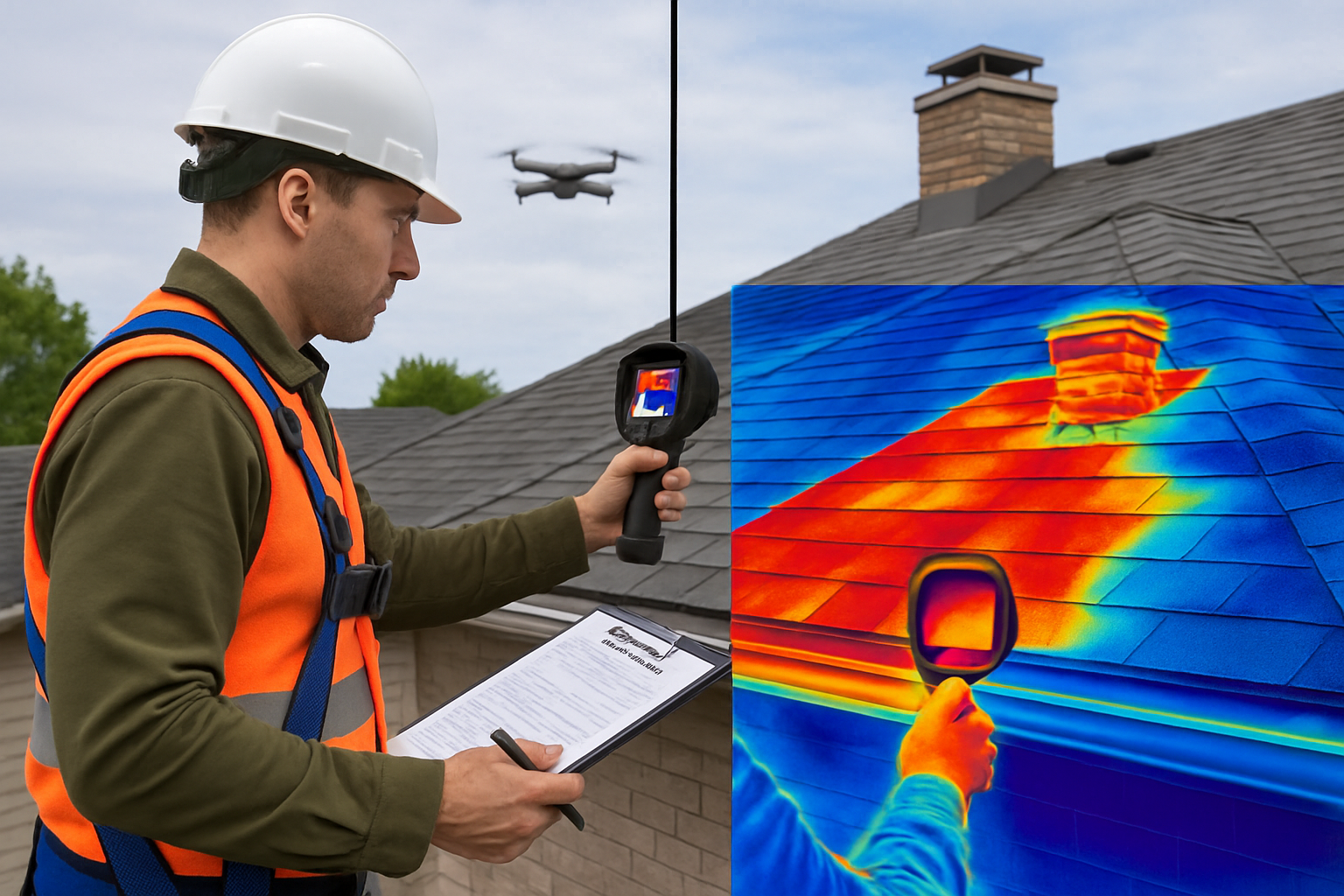Detailed landscape image (1536x1024) showing roof surveyor conducting comprehensive inspection with thermal imaging camera pointed at roof s