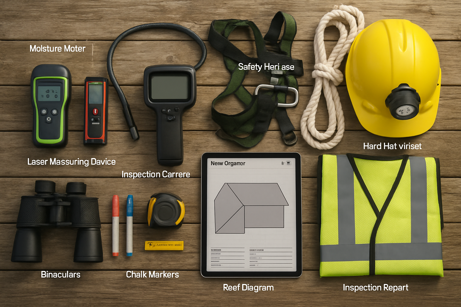 Detailed landscape image (1536x1024) depicting professional roof surveyor's essential tools and equipment laid out systematically on weather