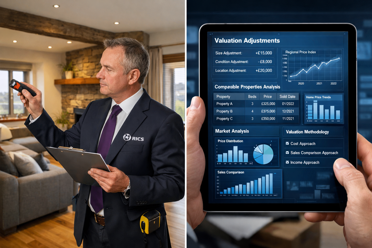 Detailed () split-screen composition showing RICS chartered surveyor conducting property valuation on left side with