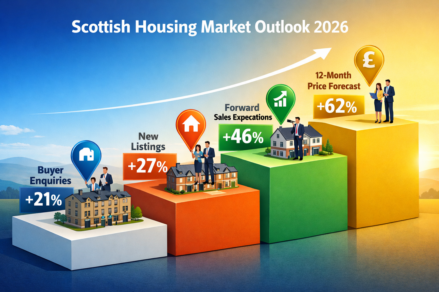 Detailed () conceptual illustration of Scottish housing market trajectory showing three-dimensional ascending steps or