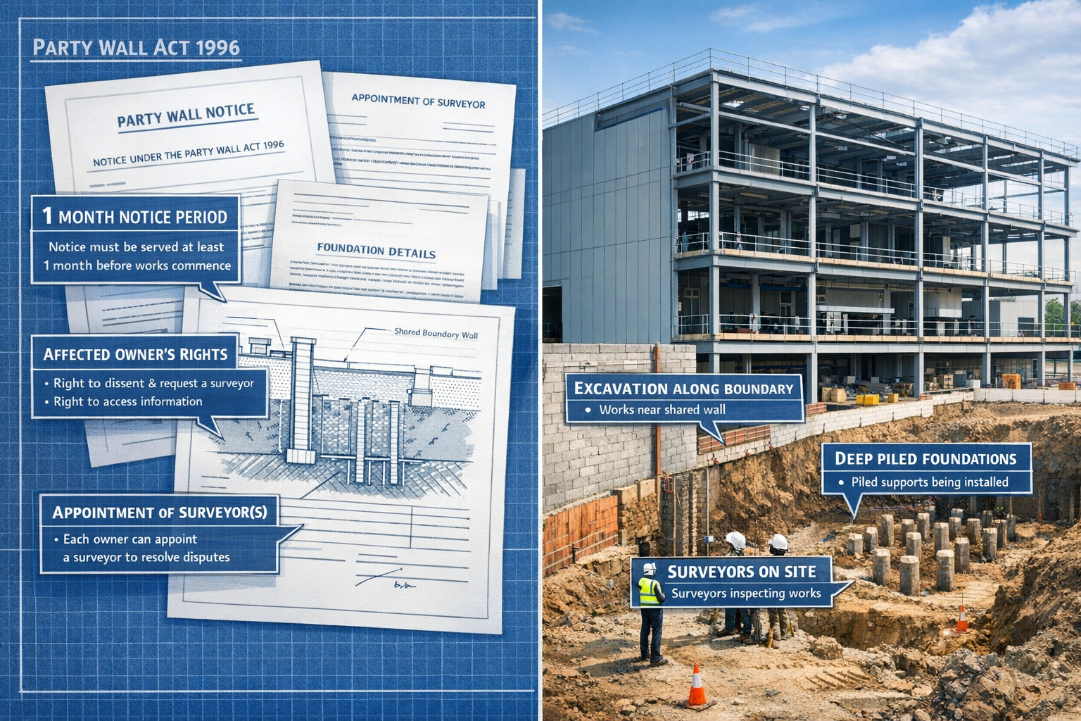 Detailed landscape format (1536x1024) image showing Party Wall Act 1996 documentation and notice process for data centre construction. Split
