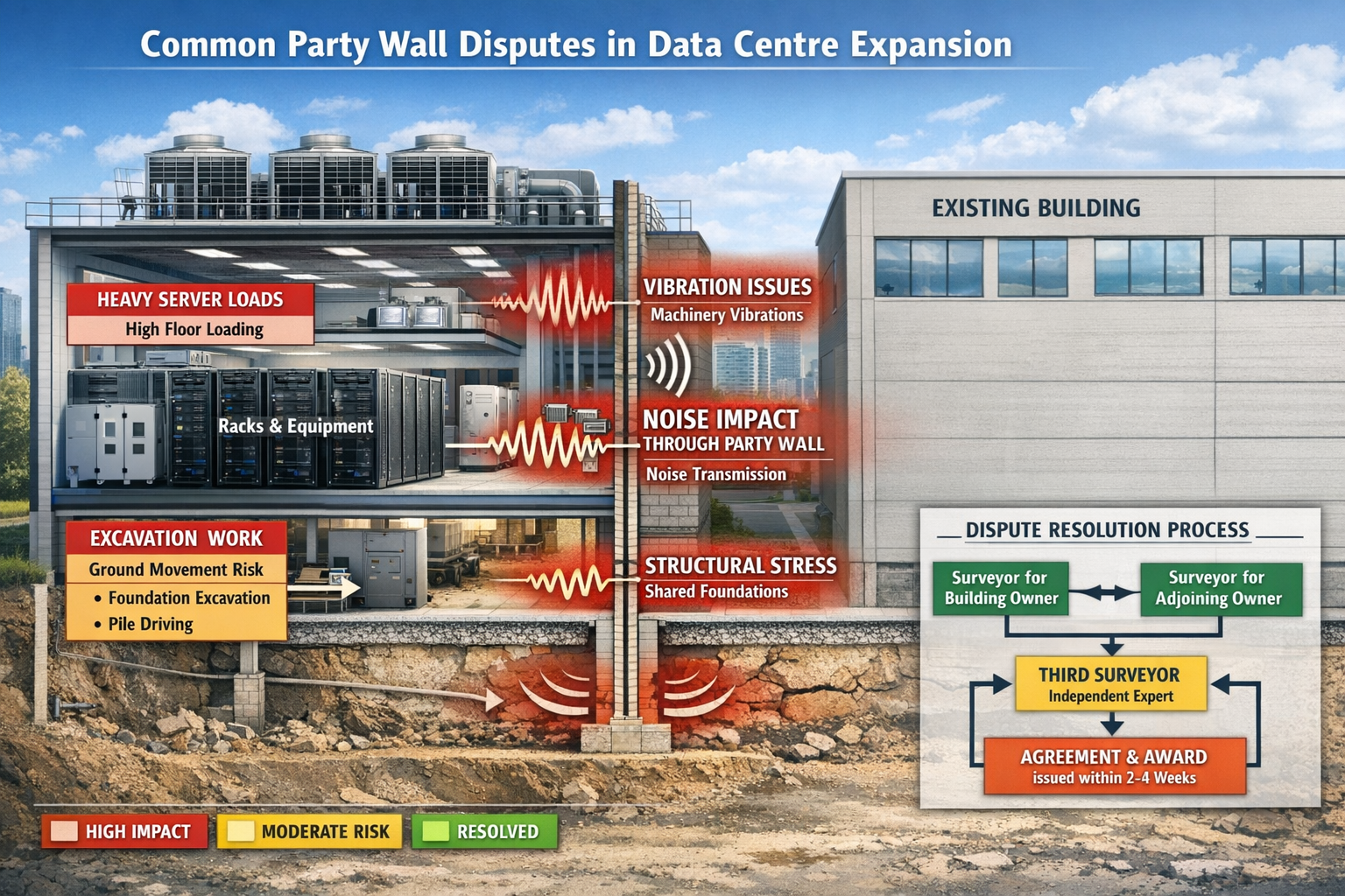 Detailed landscape format (1536x1024) technical infographic illustrating common party wall disputes in data centre expansion projects. Centr
