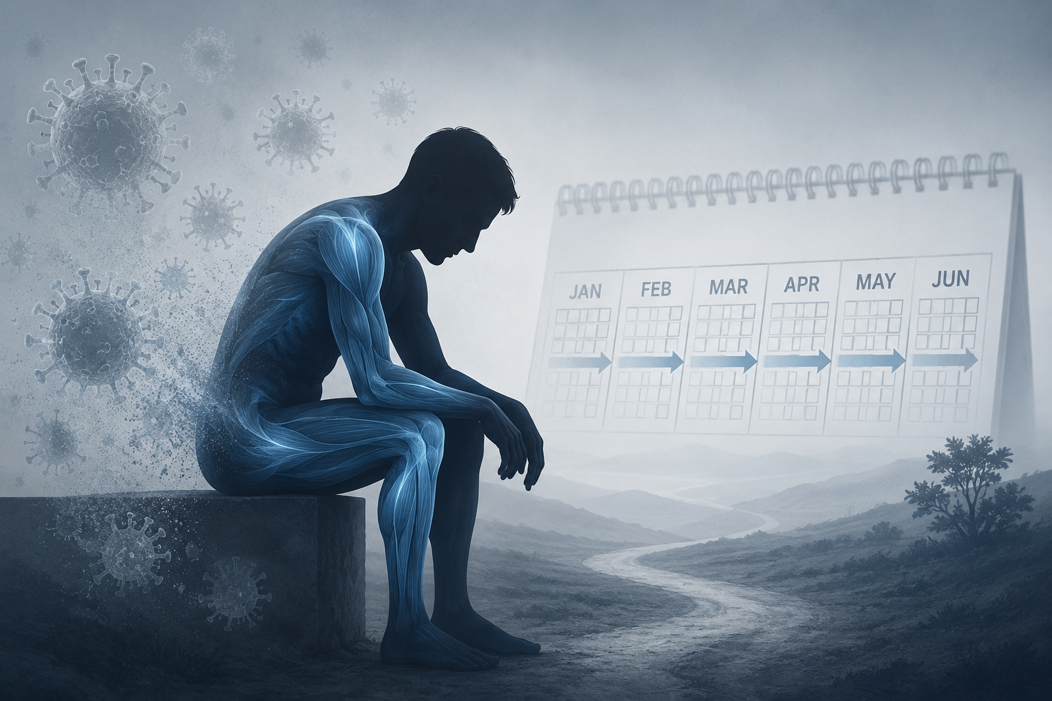Editorial landscape illustration () depicting the concept of post-viral muscle weakness. The image shows a silhouette of a