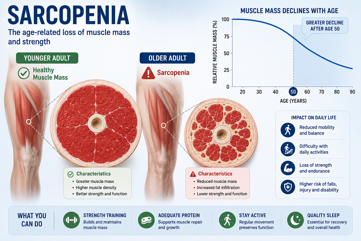 Informative landscape infographic () illustrating the concept of sarcopenia and age-related muscle weakness. The image