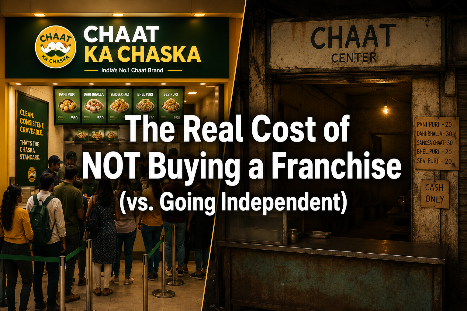 Professional () hero image with : 'The Real Cost of NOT Buying a Franchise (vs. Going Independent)', extra large white with