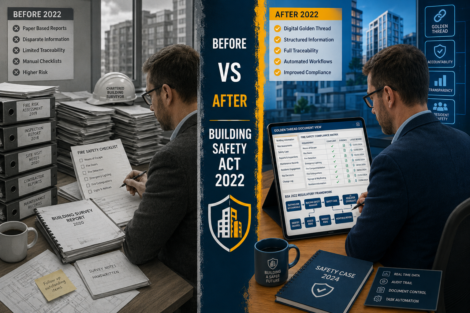 Detailed () editorial illustration showing a split-scene comparison: left side depicts a chartered building surveyor at a