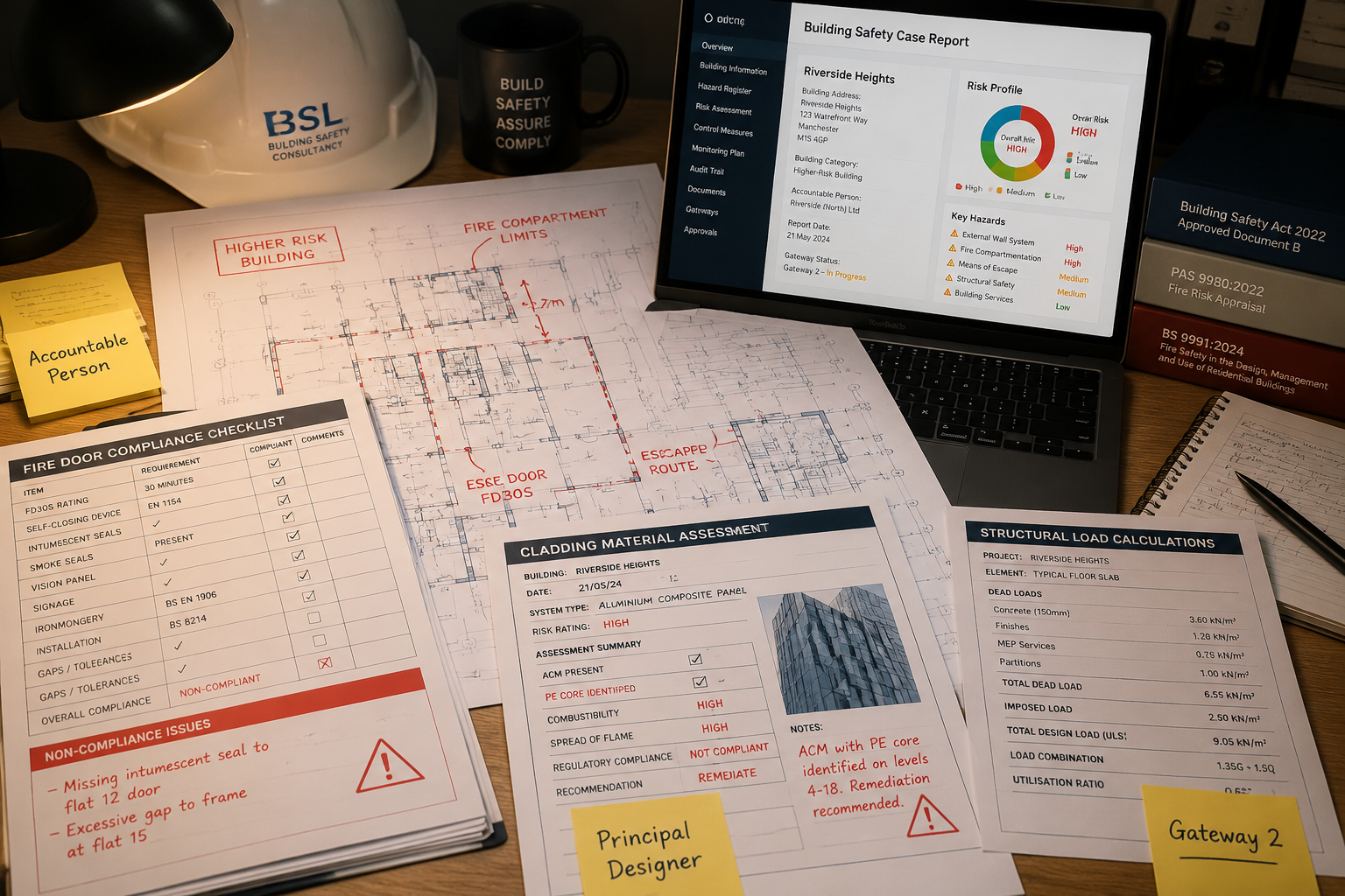 () close-up overhead shot of a surveyor's inspection workstation showing annotated floor plans of a higher-risk building,
