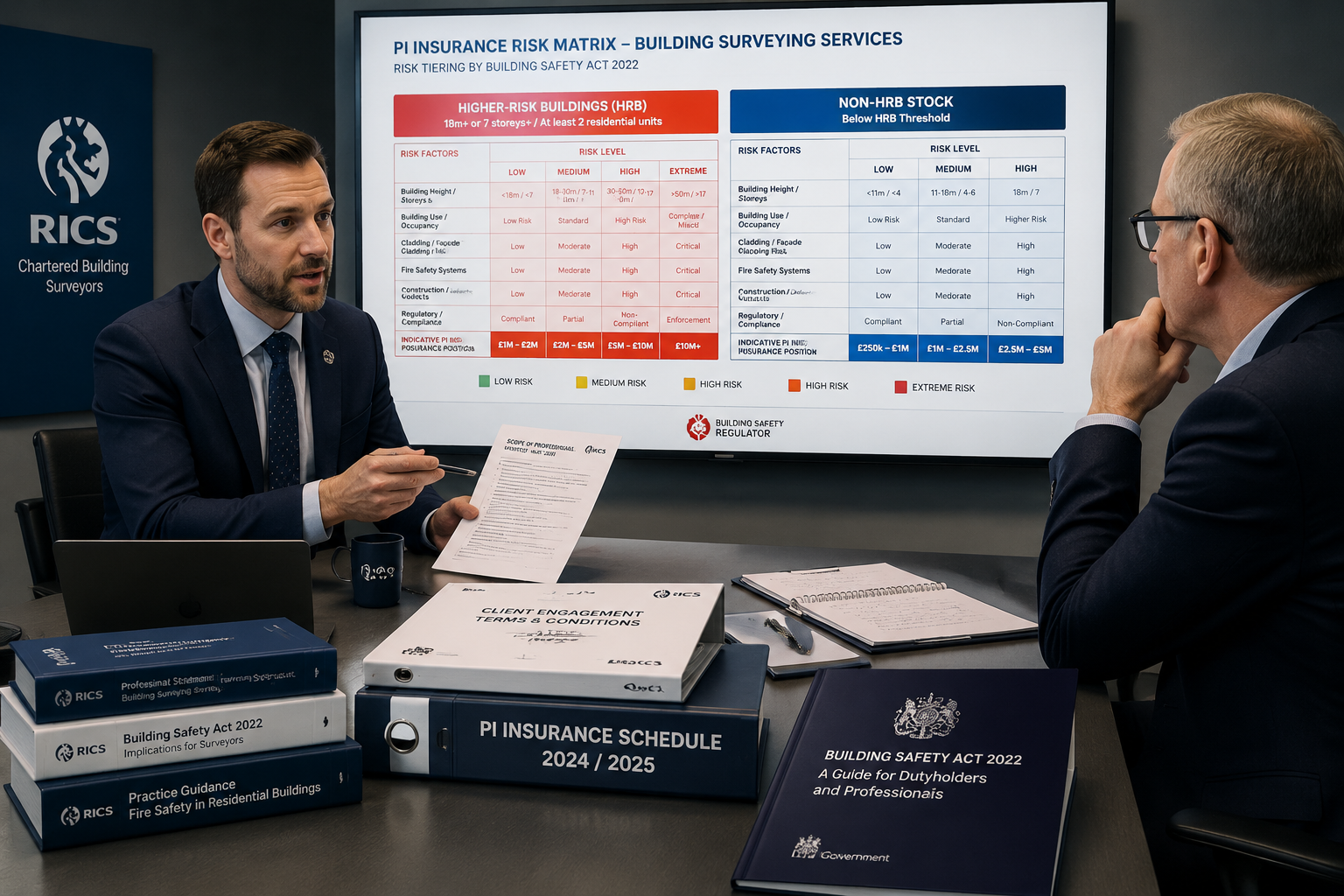 () editorial scene showing a professional meeting room where a chartered building surveyor presents PI insurance risk
