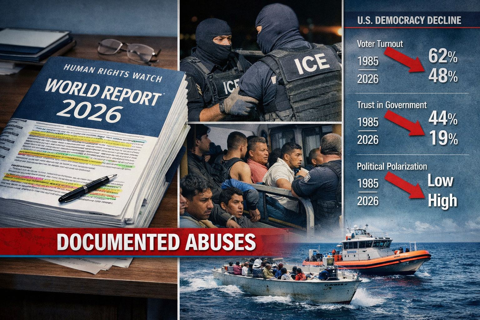 Landscape format (1536x1024) photojournalistic image showing split composition: left side displays the thick 529-page Human Rights Watch Wor