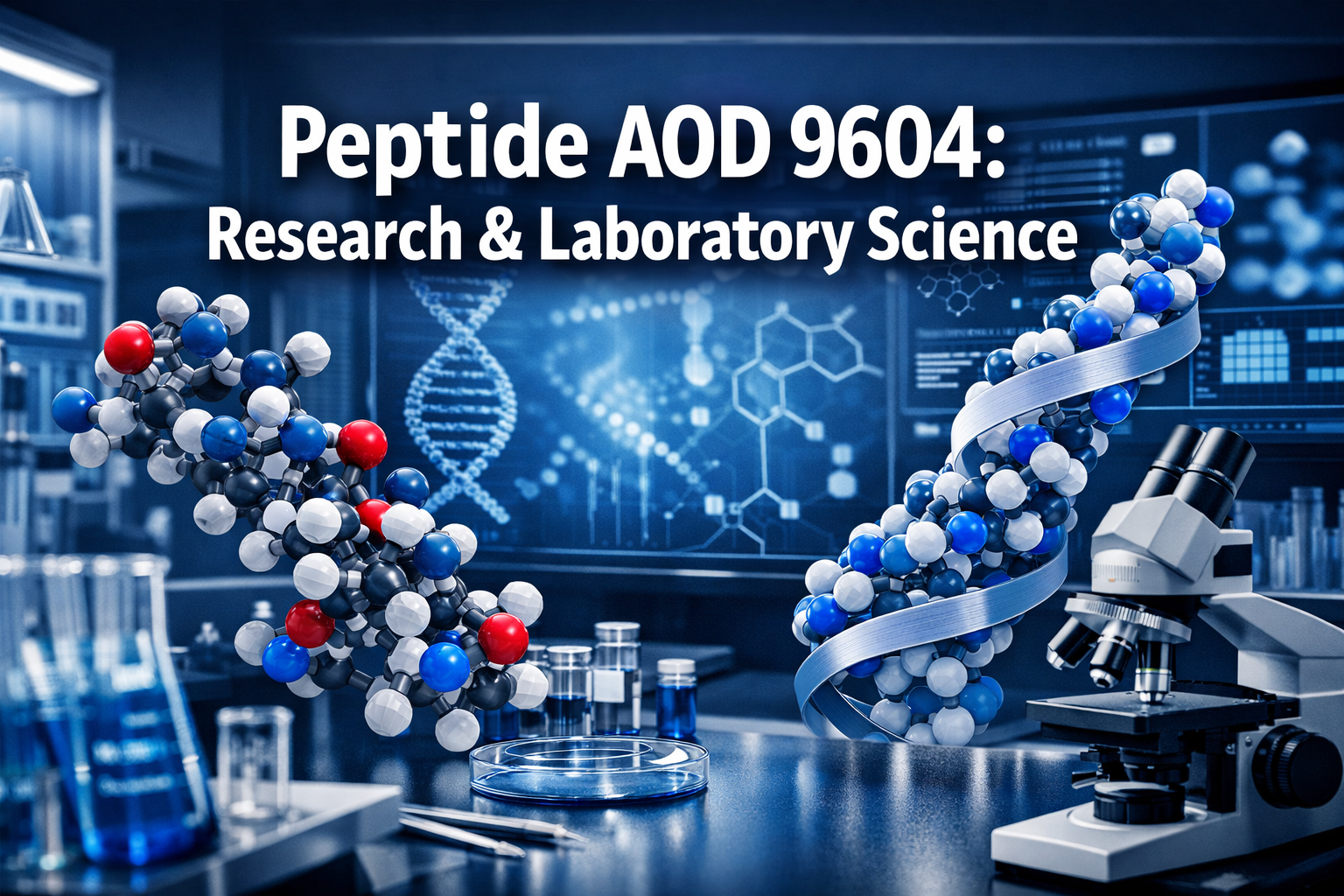 Professional landscape hero image (1536x1024) featuring bold text overlay 'Peptide AOD 9604: Research & Laboratory Science' in extra large 7