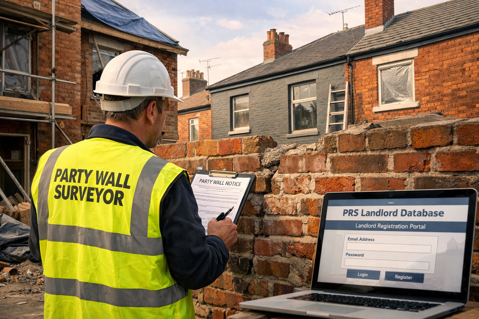 () editorial illustration showing a professional party wall surveyor in hard hat and hi-vis vest examining a shared brick