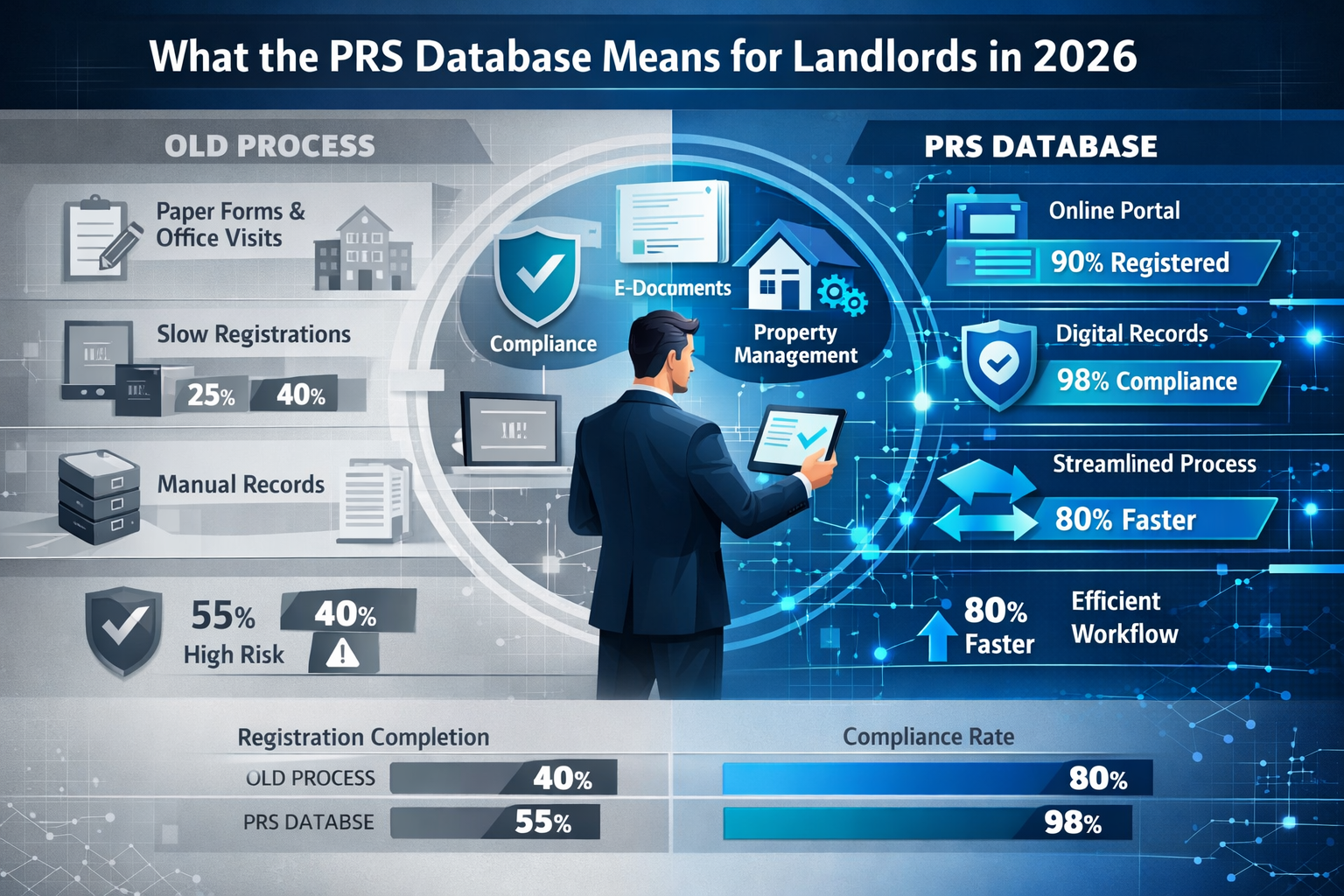 'What the PRS Database Means for Landlords in 2026' with split-screen visualization. Left side shows traditional property